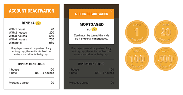 Renderings of a sample deed card and a few coins