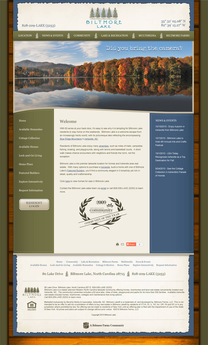 Home page design for Biltmore Lake