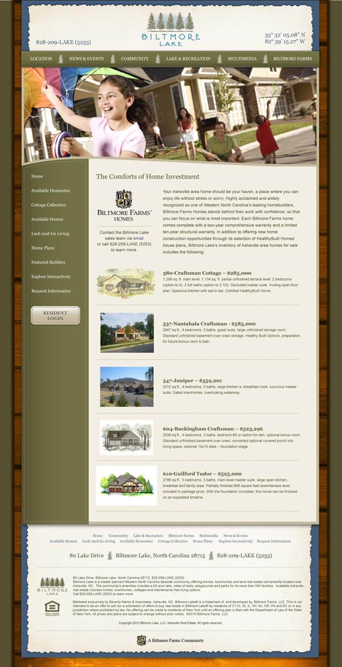 Secondary page design for Biltmore Lake